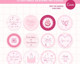Pink Coquette Stickers: Feminine Thank You Labels, Canva Templates (Digital Download)