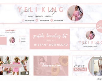 Pink YouTube Branding Kit: Girly Channel Art Canva Template (Digital Download)