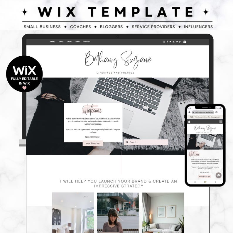 Wix website template for small business, coaches, bloggers, influencers and creative service providers with modern feminine design