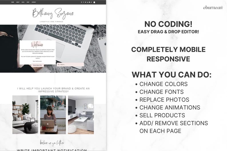 Wix online shop and blog website template with ecommerce-ready layout, individual blog posts and customizable business website design
