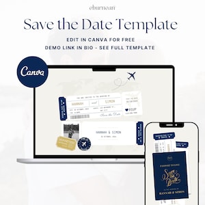 May include: A digital wedding invitation template displayed on a laptop and smartphone. The design uses navy blue and gold, with the text "Save the Date Template". The invitation has a boarding pass design, with the names "Hannah and Simon" and the date.