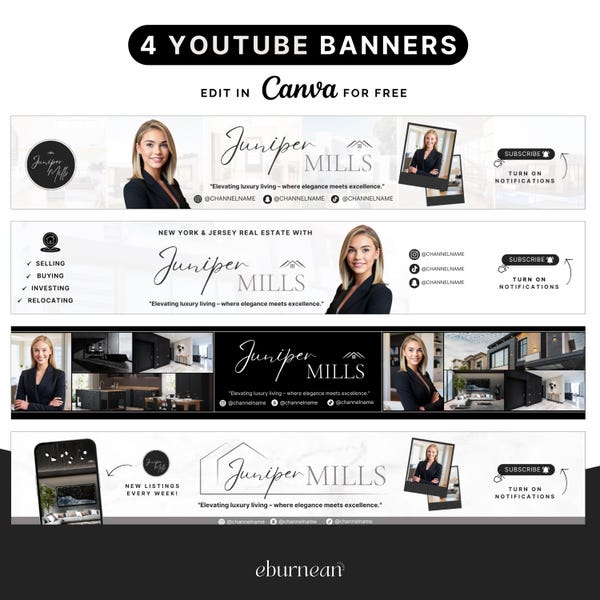 Plantilla de Canva para banner de canal de YouTube de agente inmobiliario (descarga digital)