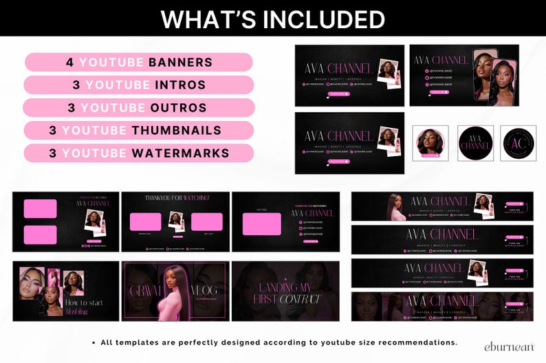 Feminine luxury YouTube channel banner templates with bold baddie aesthetic for beauty, fashion and lifestyle creators