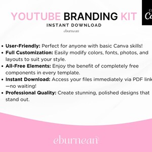Luxury YouTube branding kit Canva templates for female content creators with matching banner, thumbnails, intro, outro and watermark designs