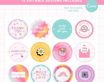 Rainbow Thank You Stickers, Editable Canva Templates, Colorful Business Branding,  Small business Packaging