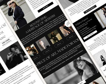 Op de afbeelding: Een promotieafbeelding voor een modemerk, met een vrouw met een zonnebril en een zwarte blazer. De afbeelding bevat tekst zoals "Shop Now", "Beyond Time: A Heritage of Artistry" en "A Piece of Art, Made for You".