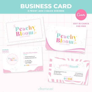 Könnte beinhalten: Eine rosafarbene Visitenkarte mit einem Pfirsich-, Rosa-, Gelb- und Blauen Logo, auf dem "The Peachy Bloom Events & Cakes" steht. Die Rückseite der Karte hat ein rosa-weißes Zebra-Muster mit dem Text "peachybloom" und Kontaktinformationen.