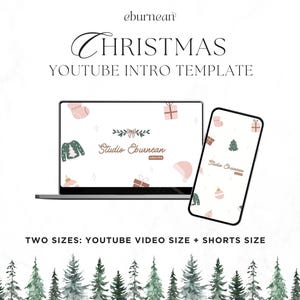 May include: A digital Christmas-themed YouTube intro template displayed on a laptop and smartphone. The design includes festive elements like sweaters, gifts, and ornaments. The text reads "Christmas YouTube Intro Template" and "Studio Eburnean". The template is available in two sizes.