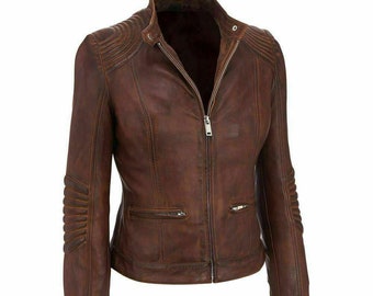 Womens Latest Cafe Racer Moto Biker Distressed Brown Vintage Real Leather Jacket