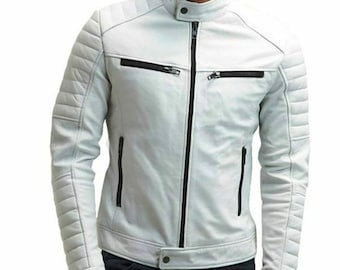 Men's Pearl White Leather Jacket Lambskin Biker Racer Cafe Party Motorcycle