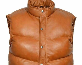 Men s Puffer Leather Waistcoat Brown Padded Lambskin Leather