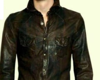 Men's Shirt Jacket Distressed look Real Soft Genuine Waxed Leather Shirt