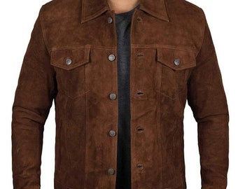 Men's Classic Trucker Jacket Dark Brown Western Style Real Suede Leather Jacket