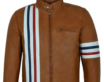 Easy Rider' Men's TAN America Motorcycle Stripes Sheepskin Leather Jacket