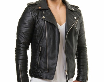 Men Genuine Lambskin Leather Jacket Motorcycle Black Slim fit Biker jacket