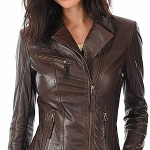 Womens Leather Jacket Genuine Lambskin Real Biker Motorcycle Slim Fit Coat Brown