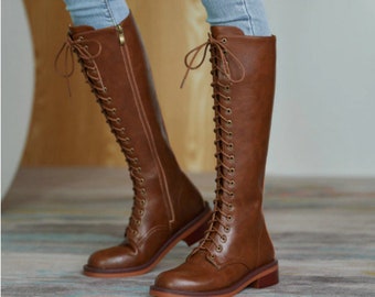 chunky knee high lace up boots