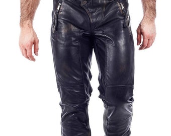 Mens Hot Genuine Leather Pants Nightclub Motorcycle Distressed vintage Bluf Trouser