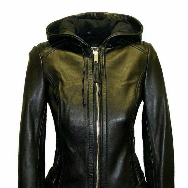 Womens Black Hooded Leather Jacket Biker Bomber Hood Leather Jacket For Women