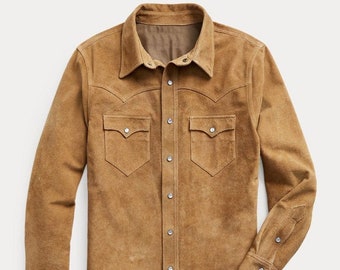 Mens Real Suede Trucker Jacket Classic Western Shirt Slim Fit Tan