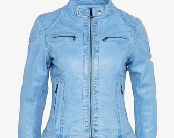 Women Real Leather jacket blue Jeans style