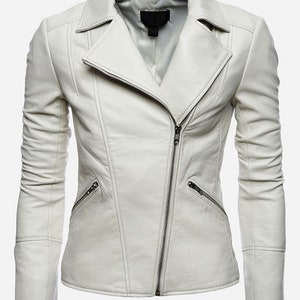 Women's Soft Lambskin White Leather Jacket Racer Biker Cafe Party-wear Model