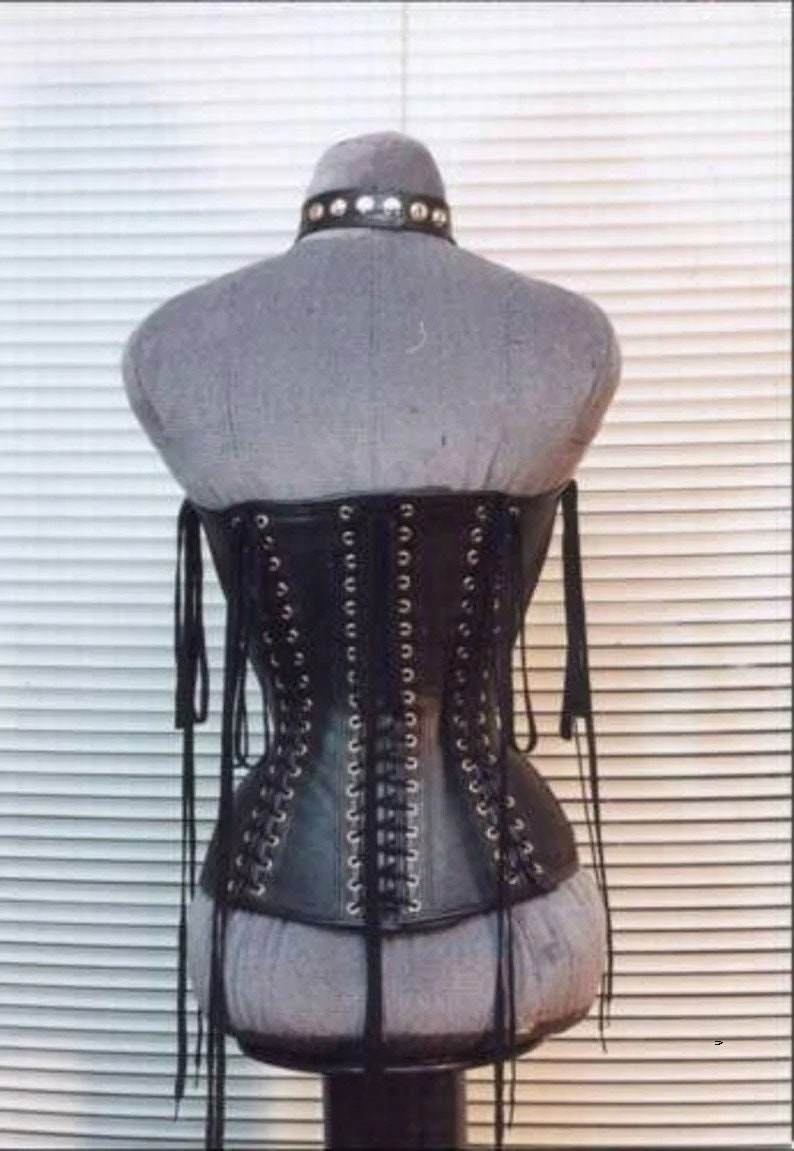 Women Genuine Leather Corset Steel Boned Over Bust Korsettkleid leder Back lace image 2