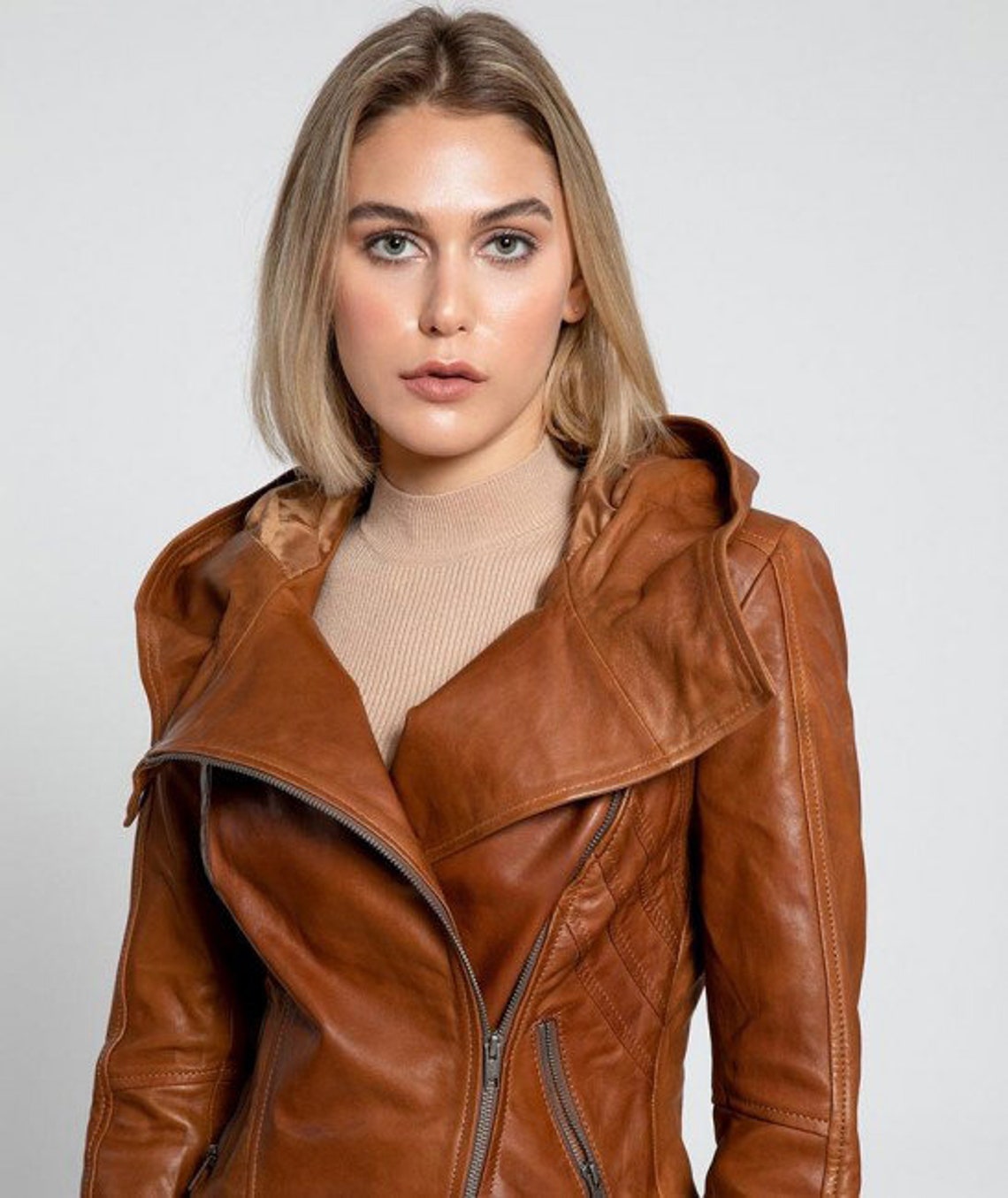 Brown Women Lambskin Leather Warm Quilted Hooded Jacket Etsy