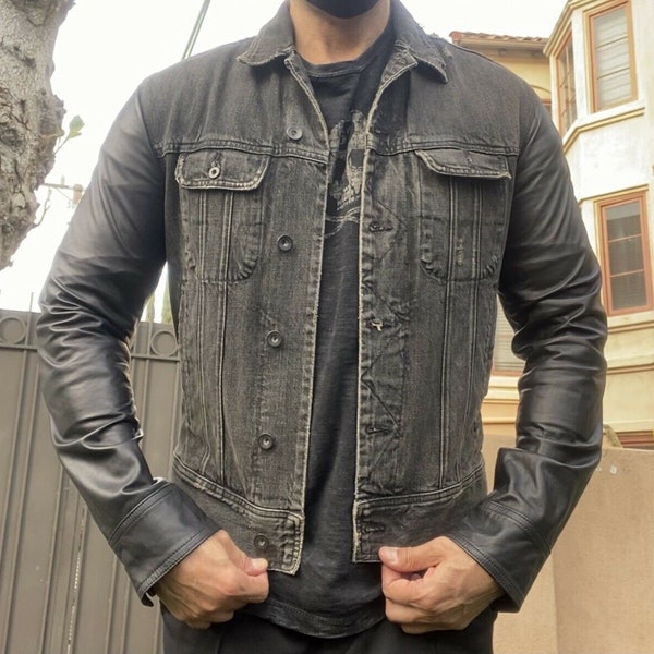 Mens Black Leather & Jean Distressed Motorcycle Trucker Jacket