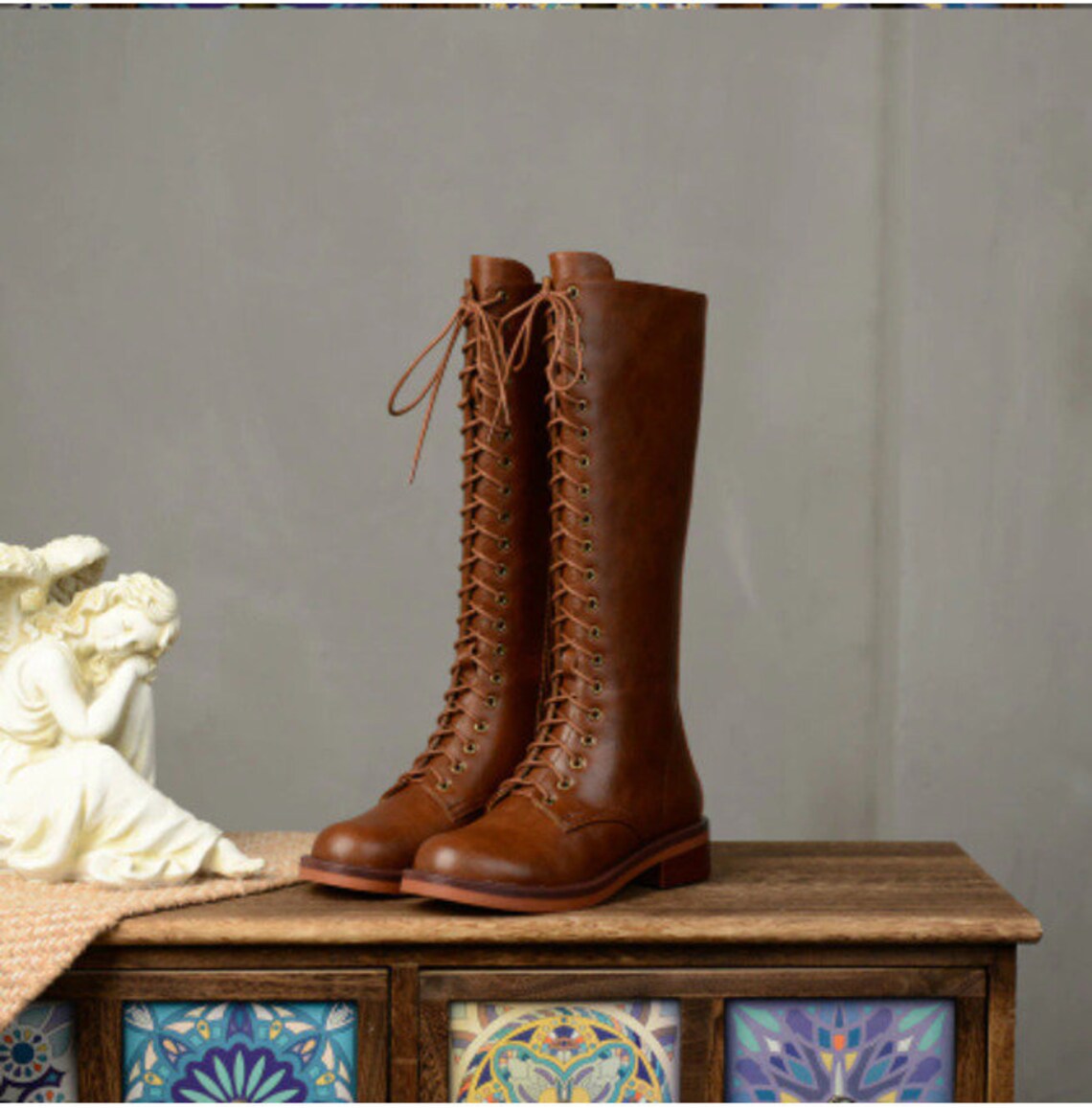 Stylish Women's Leather Lace up Knee High Boots Etsy Canada