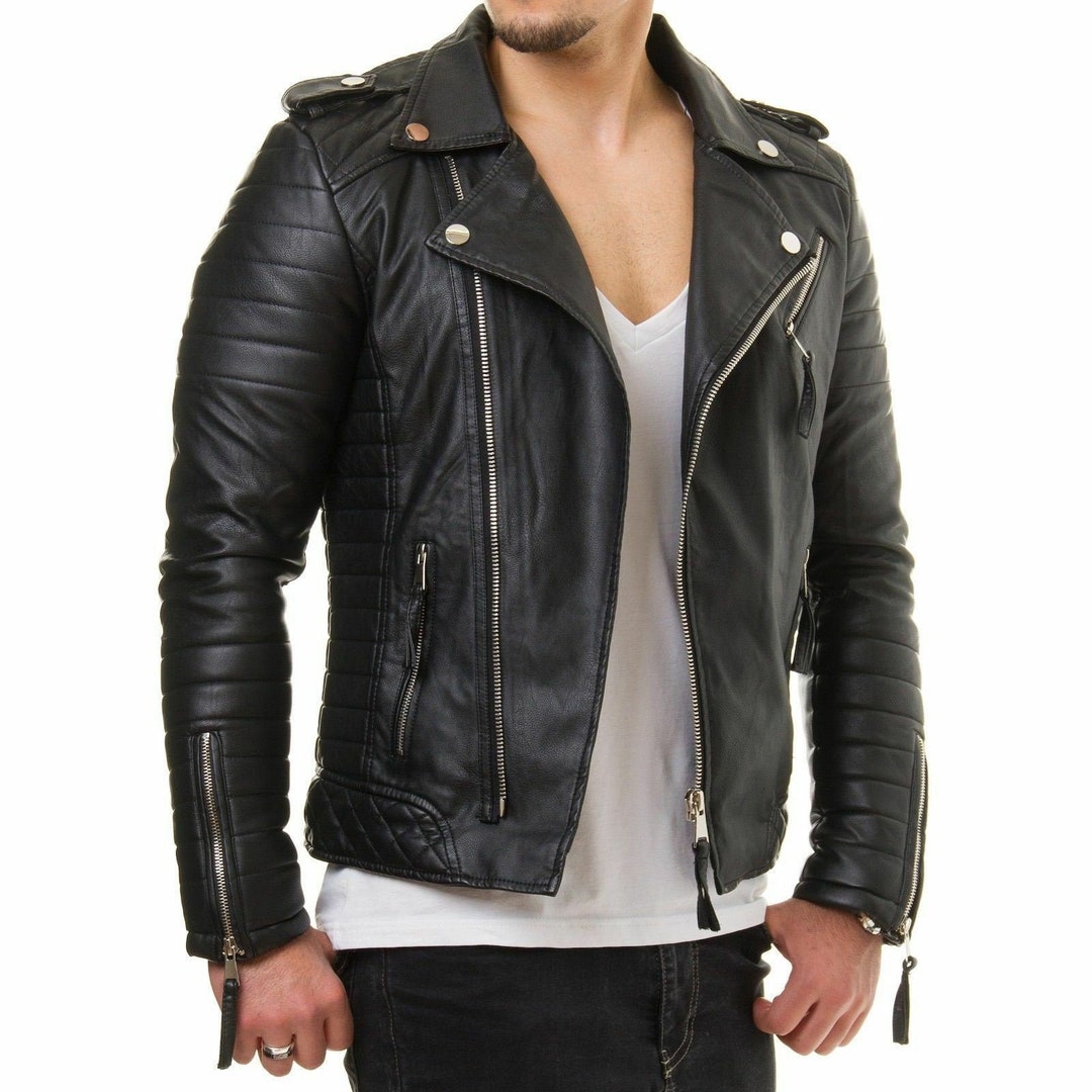 Men Genuine Lambskin Leather Jacket Motorcycle Black Slim Fit Biker