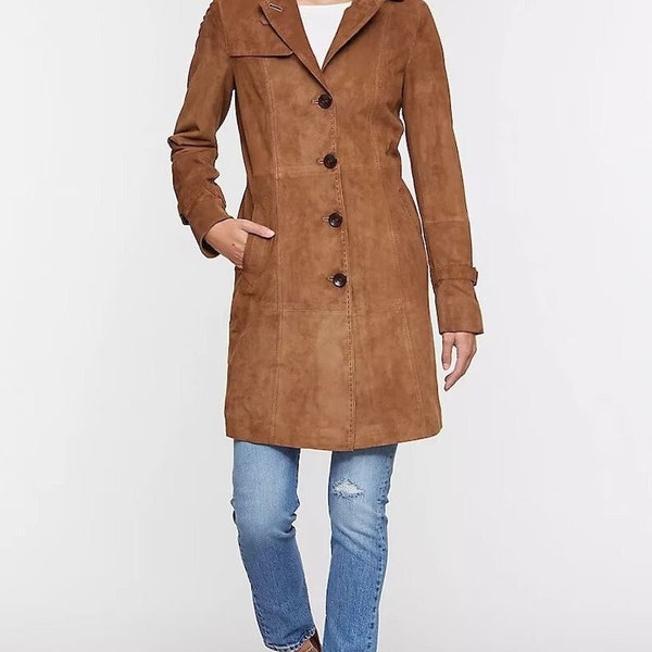 Women's Brown Suede Real Leather Trench Overcoat, Western women Real Suede Leather Coat, Brown Vintage Leather Coat