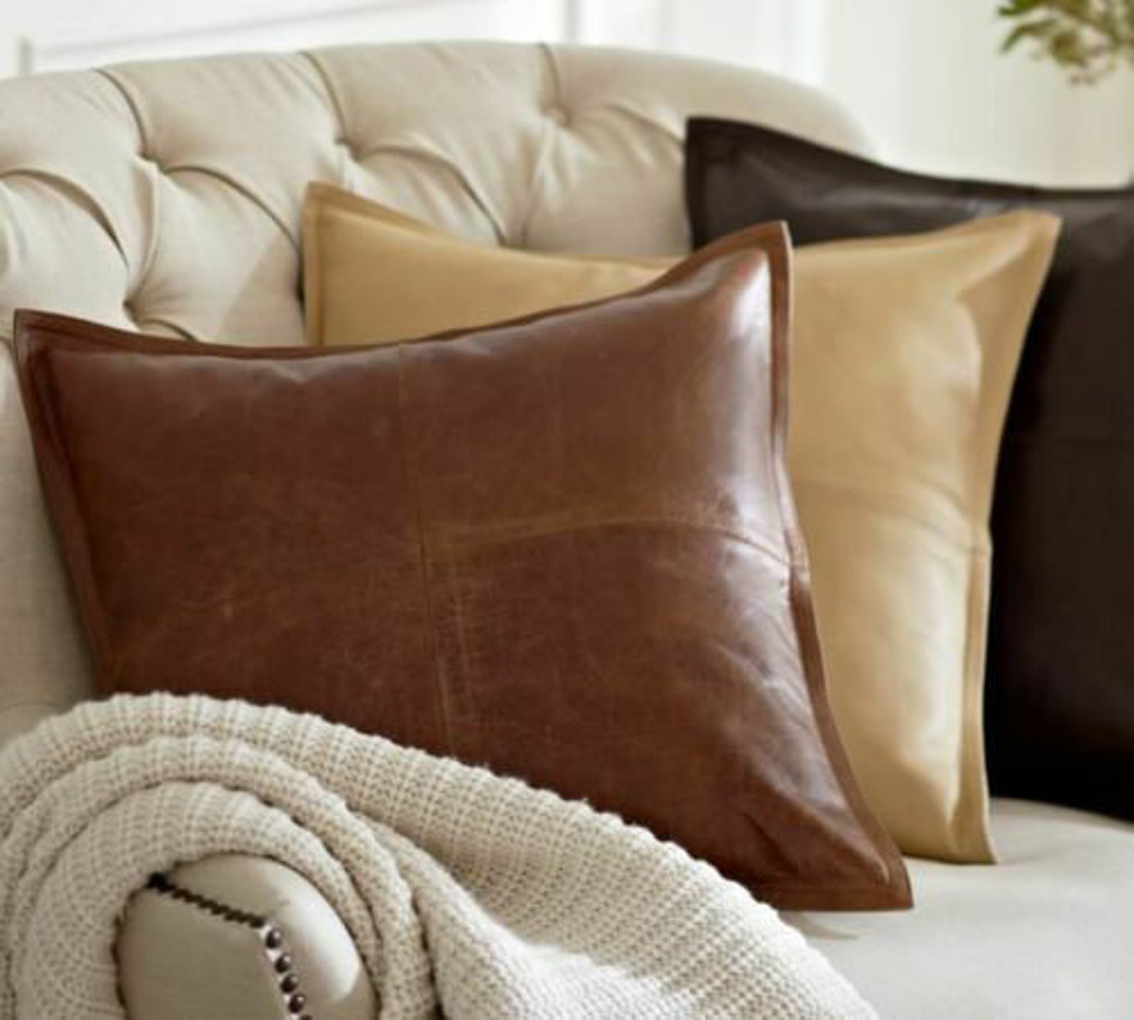 Real Leather Decorative Throw Pillow Covers Modern Solid Etsy