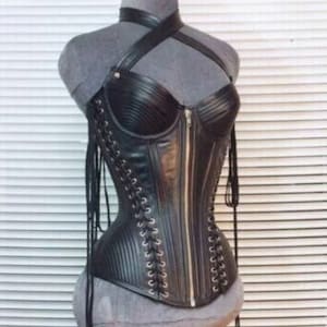 Women Genuine Leather Corset Steel Boned Over Bust Korsettkleid leder Back lace