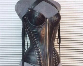 Women Genuine Leather Corset Steel Boned Over Bust Korsettkleid leder Back lace