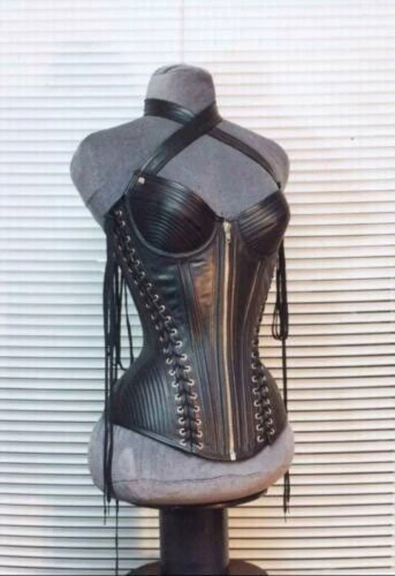 Women Genuine Leather Corset Steel Boned Over Bust Korsettkleid leder Back lace image 1