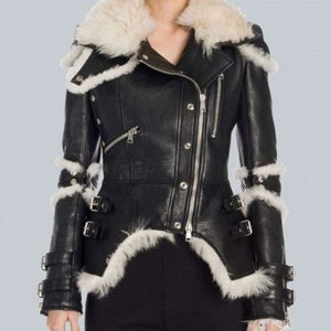 Classic Black women shearling real sheepskin Leather with fur jacket