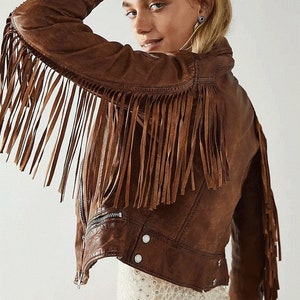 Women's Brown Genuine Leather Fringe Jacket, Handmade Women's Brown Lambskin Soft Leather Fringed Jacket, Festival Jacket, Gift For Her