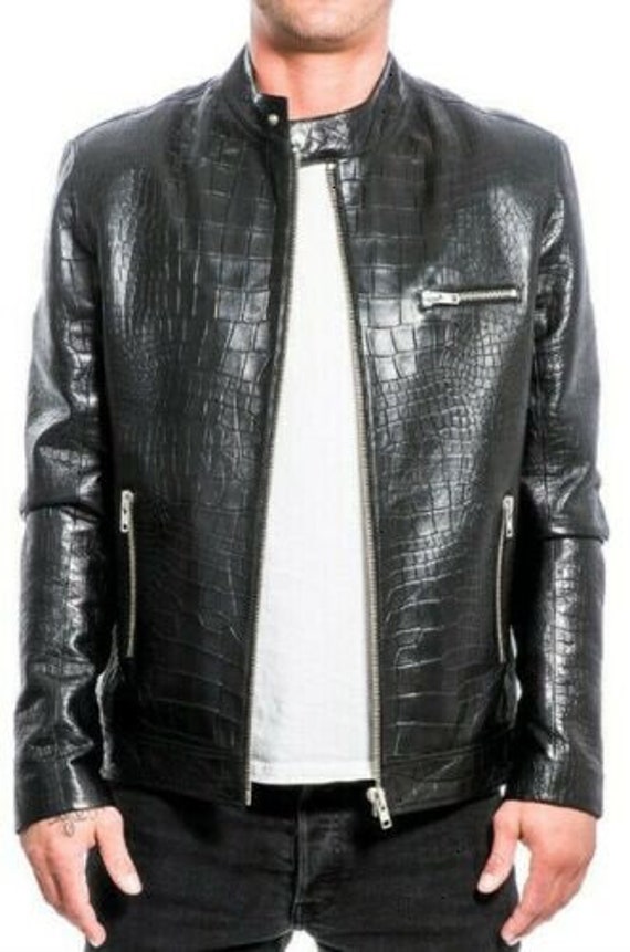 LeatherspainArt Men's Crocodile Embossed Biker Leather Jacket