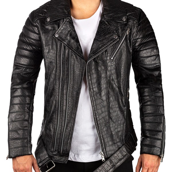 Crocodile Leather Jacket Biker style Quilt Pattern Motorcycle Style Jacket