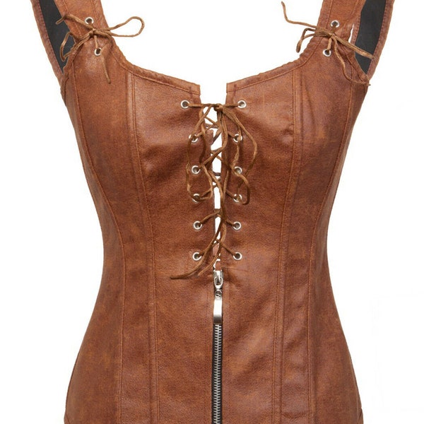 Haut corset steampunk en cuir de mouton marron avec fermeture éclair taille N pour femme