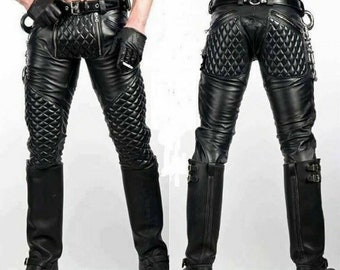 Pantalones de motociclista acolchados de cuero genuino negro para hombre