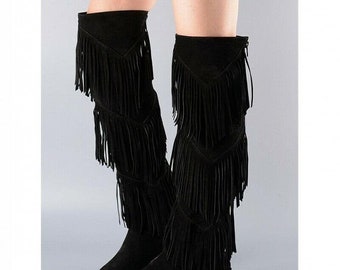 Retro Women's Overknee Long Boots with fringe for unique look Flats Winter Fall