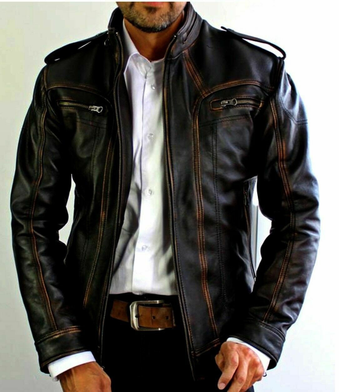 Men's master distressed slim fit leather biker jacket cheap