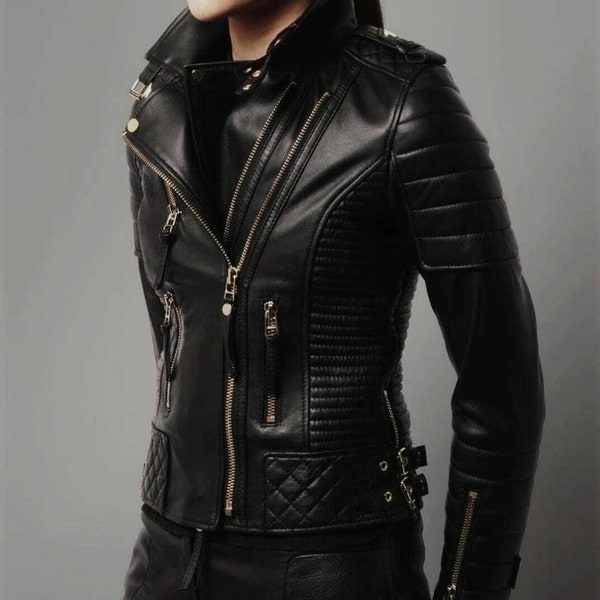 Women's Real Lambskin Leather Motorcycle Slim fit Designer Biker Jacket