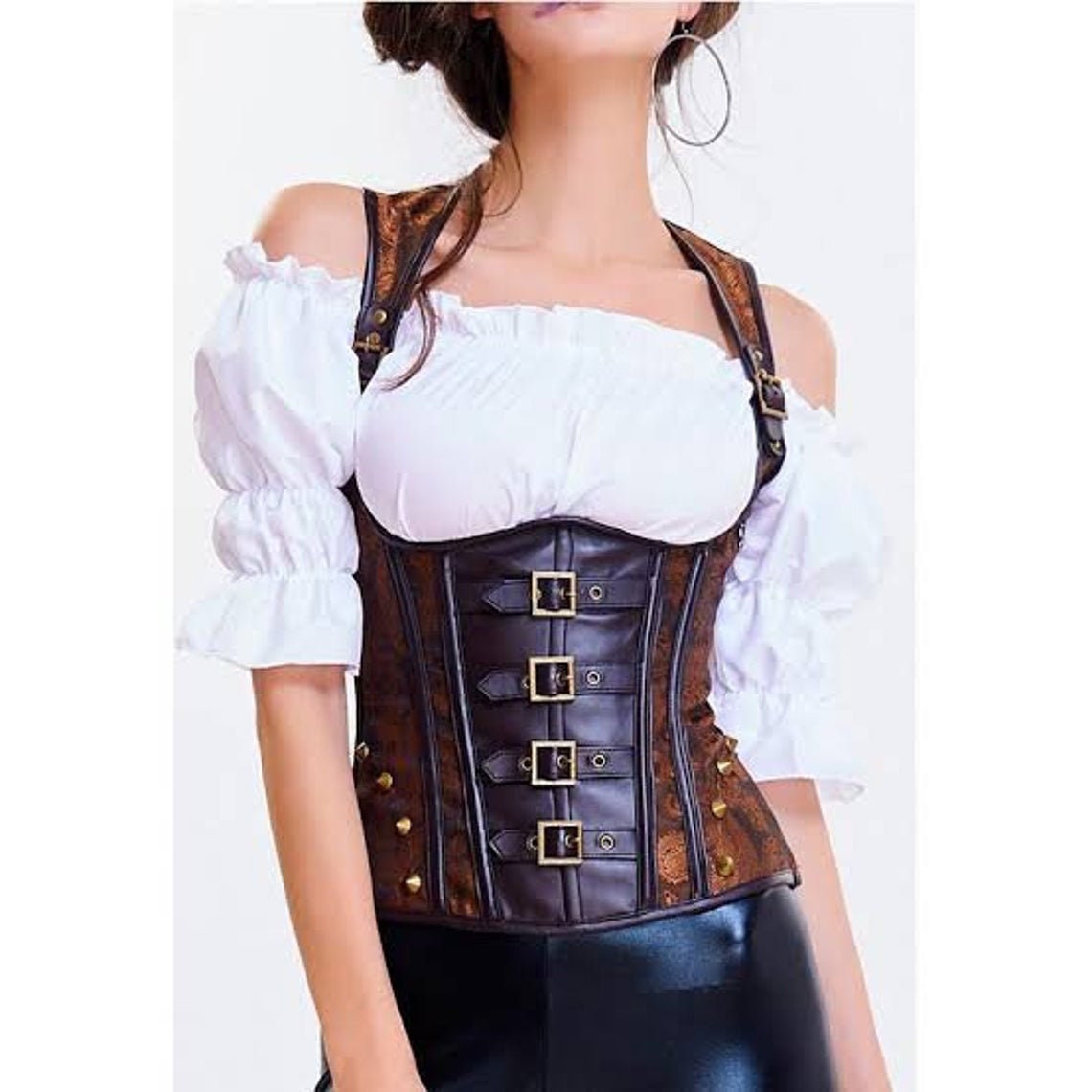 Women Gothic Steampunk Corset Top Vintage Steel Boned Bustier With Chains 