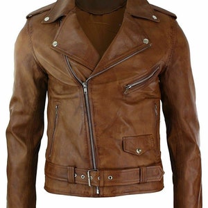 Mens brando vintage classic motorcycle brown real leather biker jacket