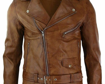Mens brando vintage classic motorcycle brown real leather biker jacket