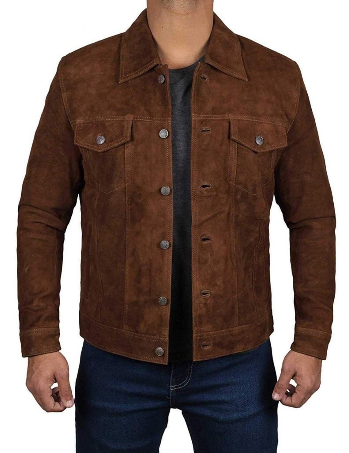 Men's Classic Trucker Jacket Dark Brown Western Style Real Etsy Canada