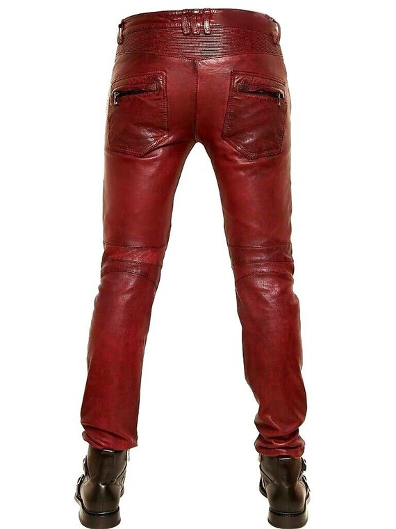 Mens Hot Genuine Leather Pants Nightclub Motorcycle Multicolor Wax